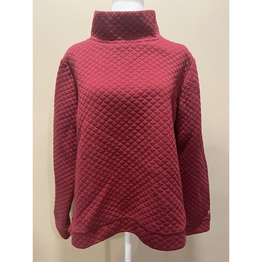 Crown & Ivy Quilted Pullover Mock Turtleneck, Red w Gold Stitch Size L - Picture 1 of 10